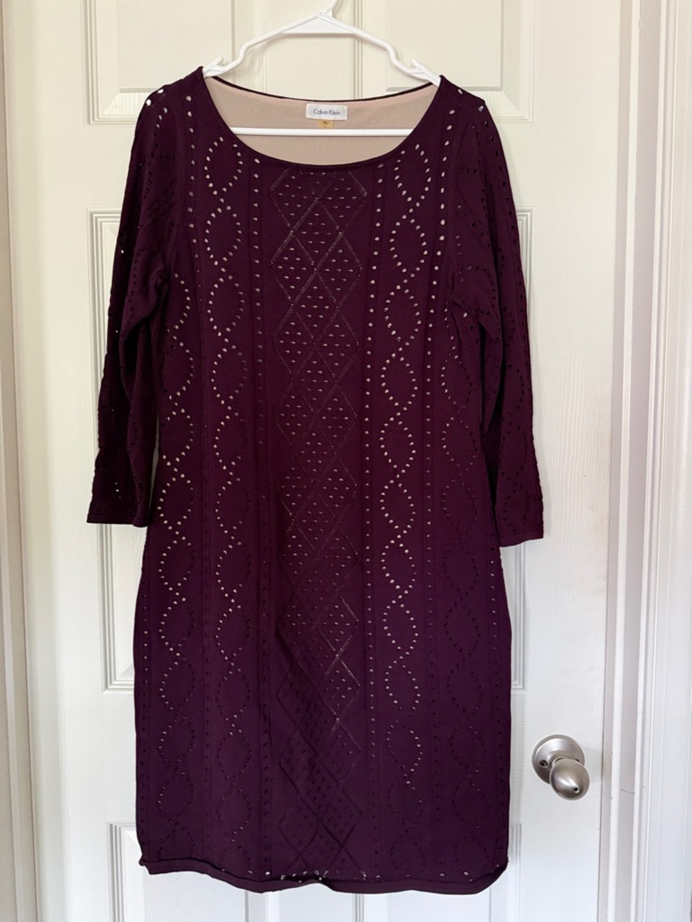 Calvin Klein Dark Plum Eyelet Knit Long Sleeve Dress